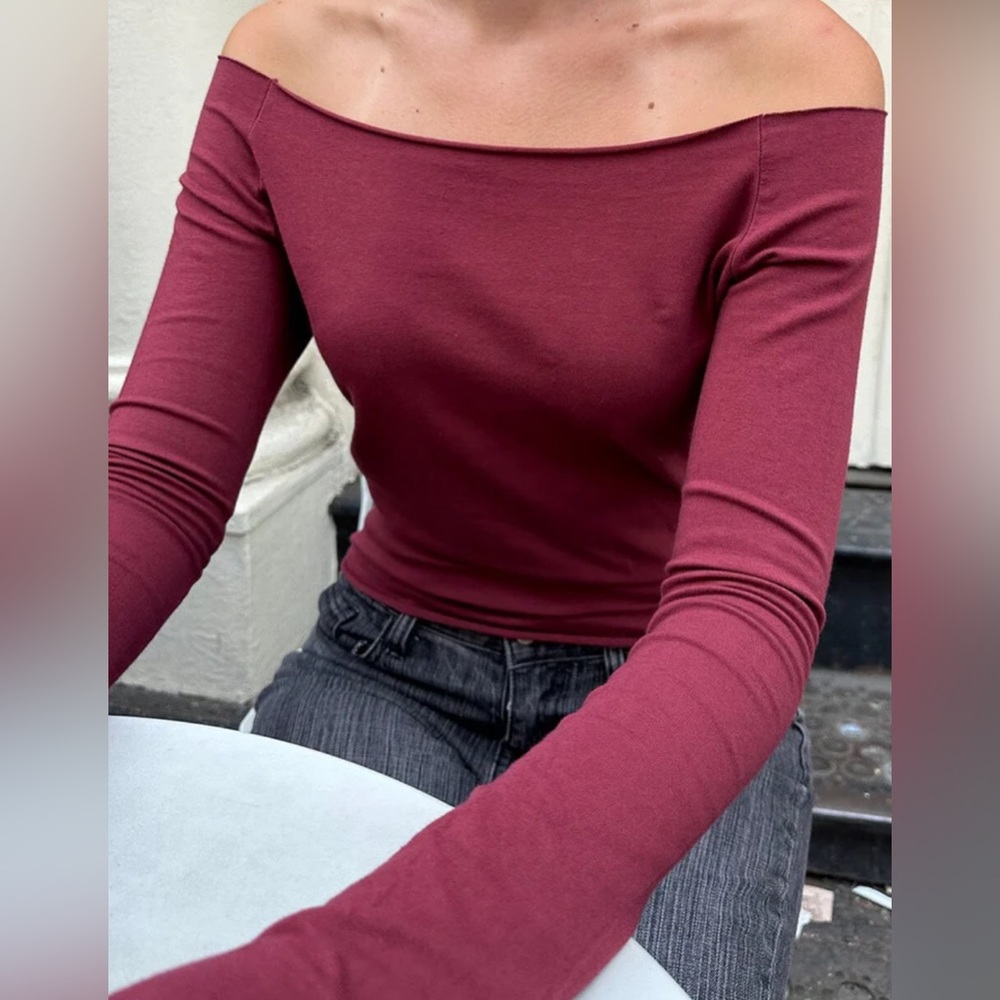 Brandy Melville Burgundy Long Sleeve Off the Shoulder Bonnie Top